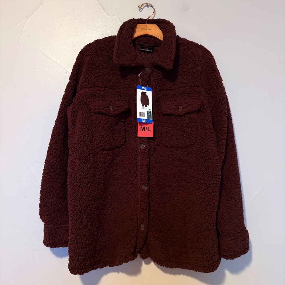 32 Degrees Womens Brown Sherpa Shacket Button Front Fleece‎ Jacket M/L